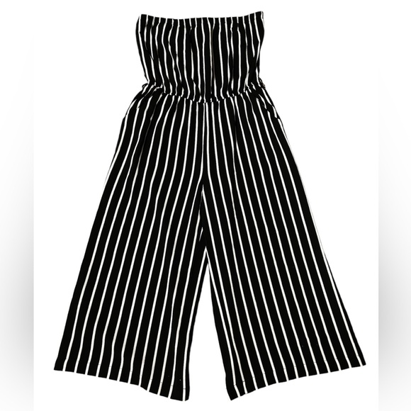 Ambiance Pants - Black and white striped jumpsuit with flared leg and strapless top